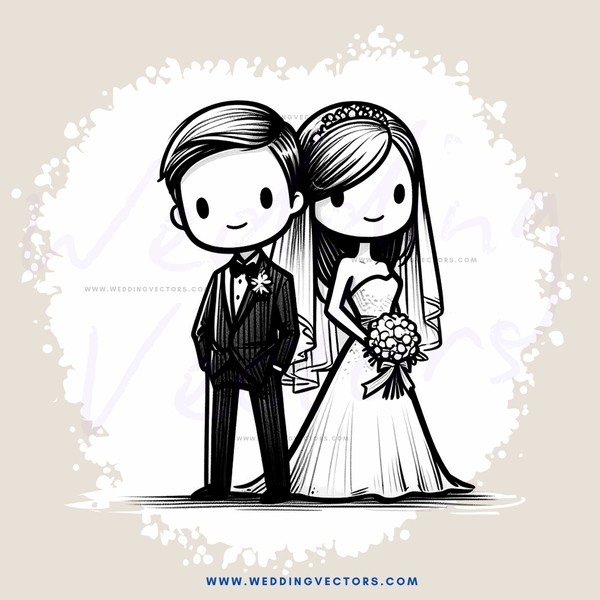 bride and groom illustration in black and white