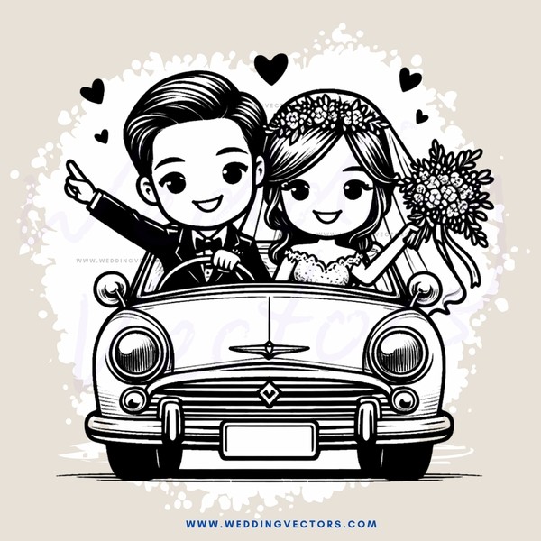 a wedding couple in a car with hearts floating around