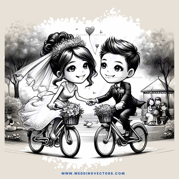 bride and groom on bikes with children in background