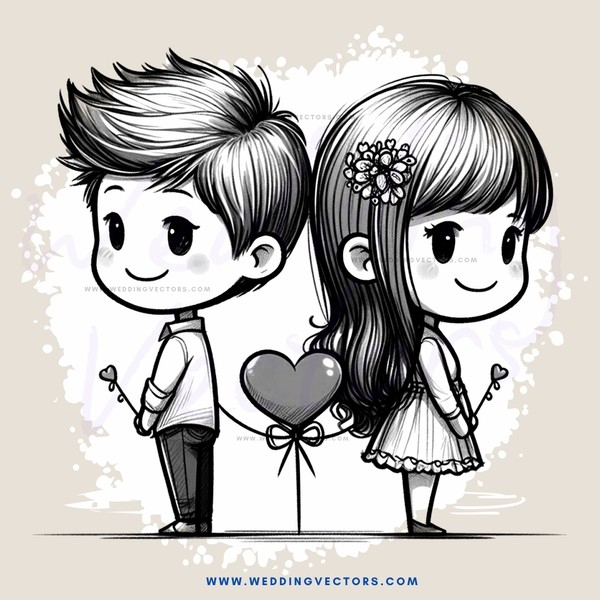 cute couple holding hearts and flowers