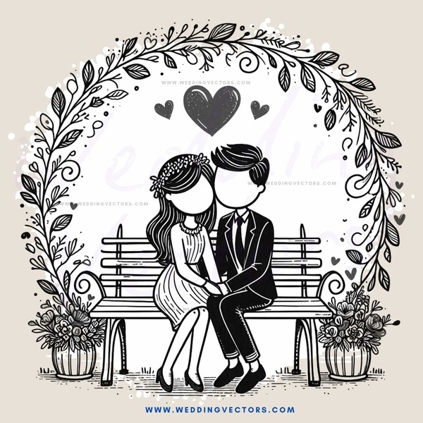 a couple sitting on a bench with an arch and flowers above them