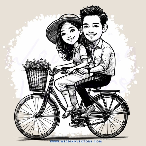 couple riding bicycle with flowers in basket