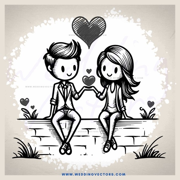 a couple sitting on a brick wall with hearts