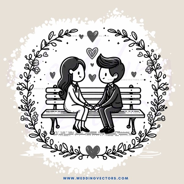 a couple sitting on a bench with hearts surrounding them