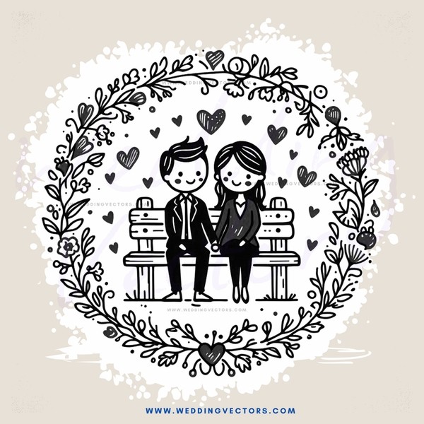 a couple sitting on a bench with hearts and plants