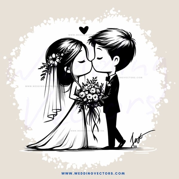 wedding couple in black and white illustration