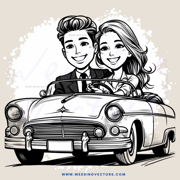 a couple driving in an old car together