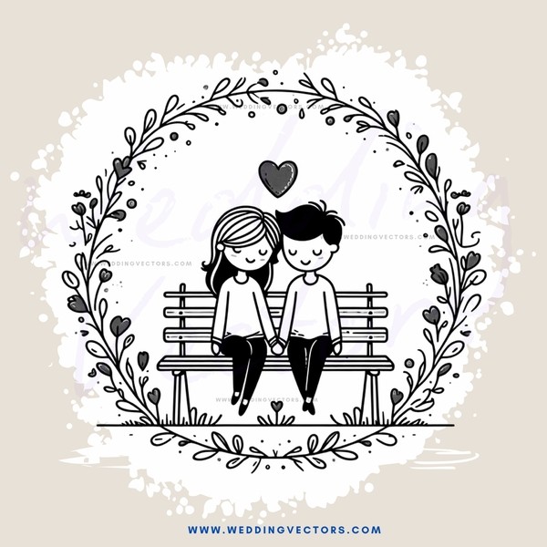 a couple sitting on a bench with an easter design around them