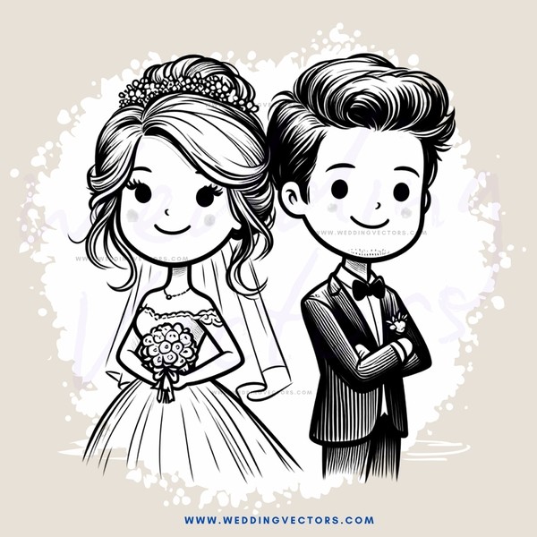 wedding bride and groom cartoon character sheets in black and white