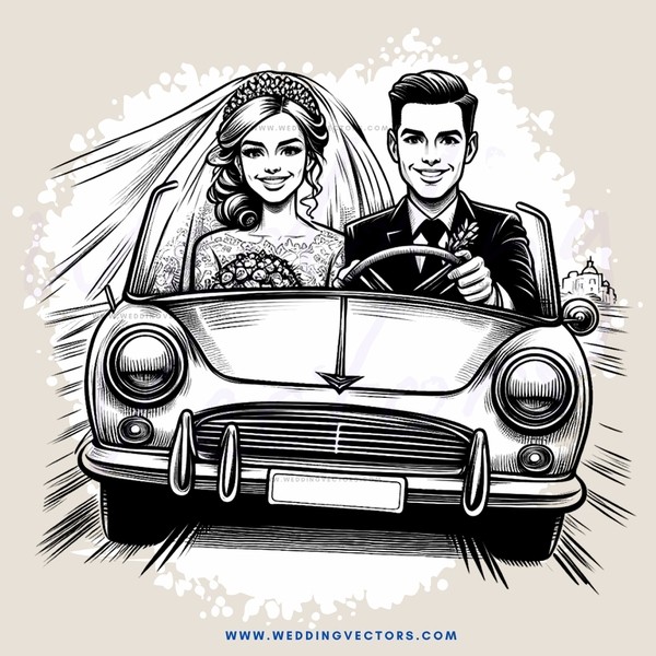 a bride and groom in a car