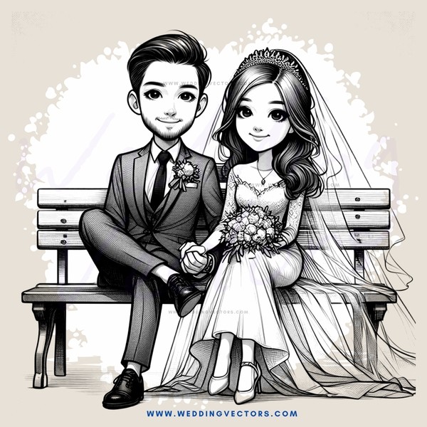 a wedding scene with a man and woman sitting on a bench