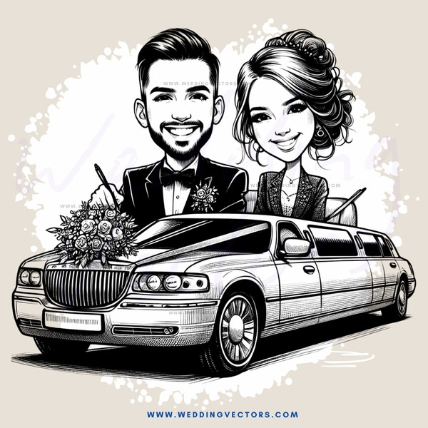 a couple posing next to a limo