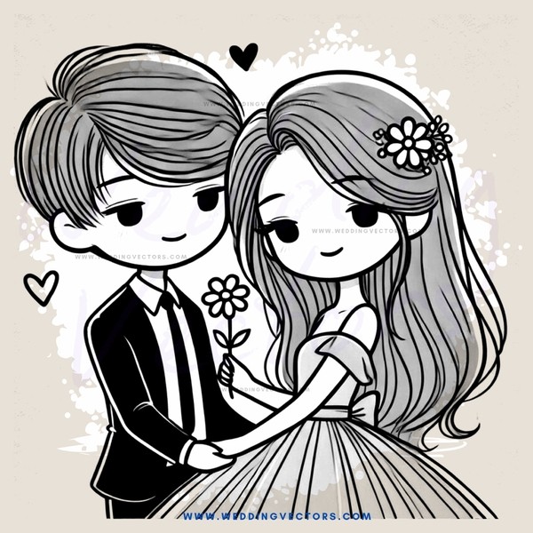 a boy and girl hugging with hearts and flowers