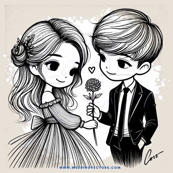 a young couple exchanging flowers and glances