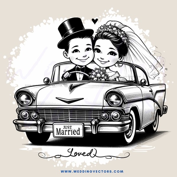 a cartoon wedding with a car