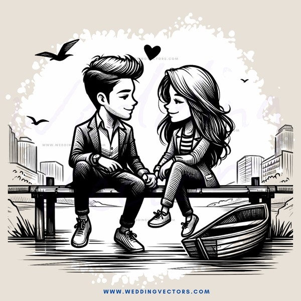 a couple sitting on a bench with a boat in front of them