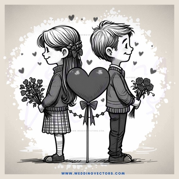 two children holding flowers and hearts
