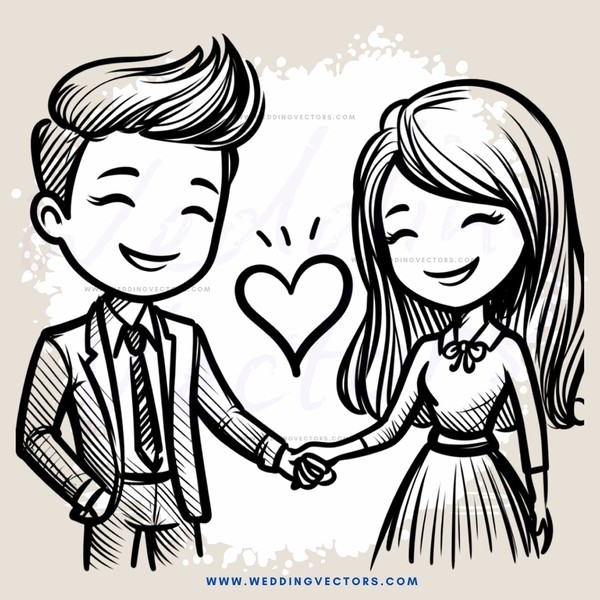 boy and girl holding hands in front of heart shaped doodle