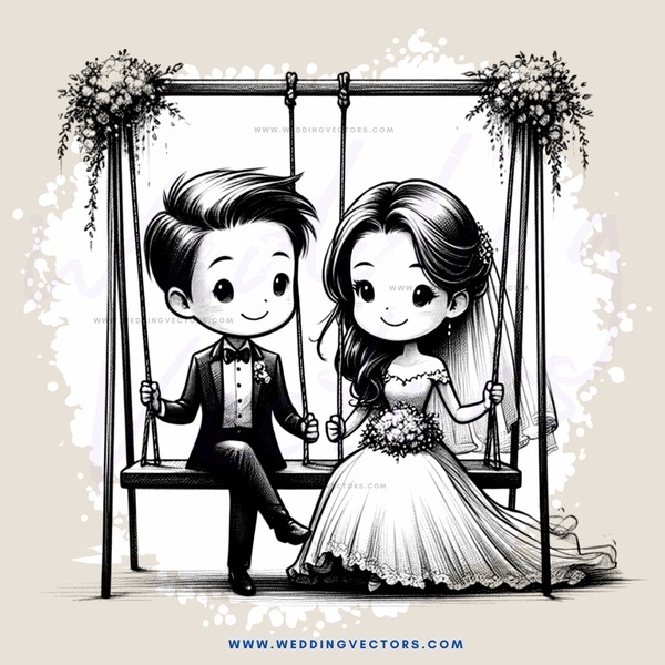a bride and groom in swings
