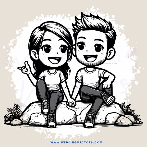a boy and girl sitting on rocks smiling