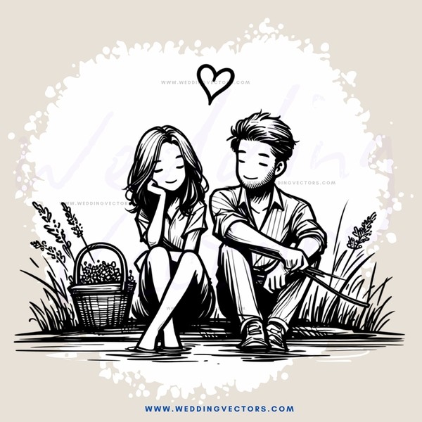 a couple sitting in front of a basket filled with berries