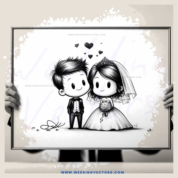 a wedding picture with hearts and flower bouquet