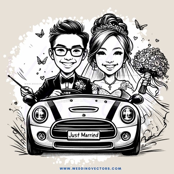a couple in a car with just married written on it