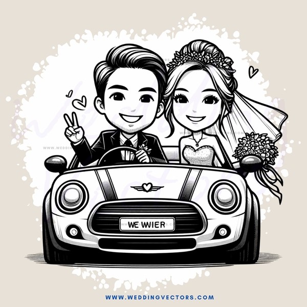 bride and groom in a vintage car