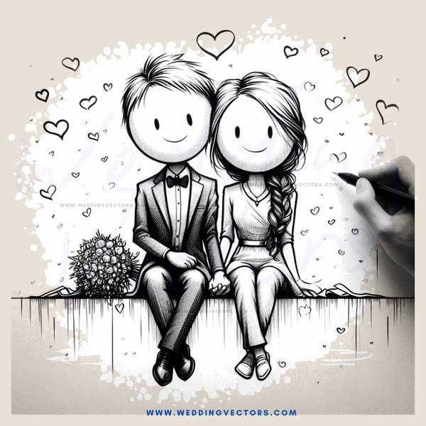 a couple sitting on a bench with hearts around them
