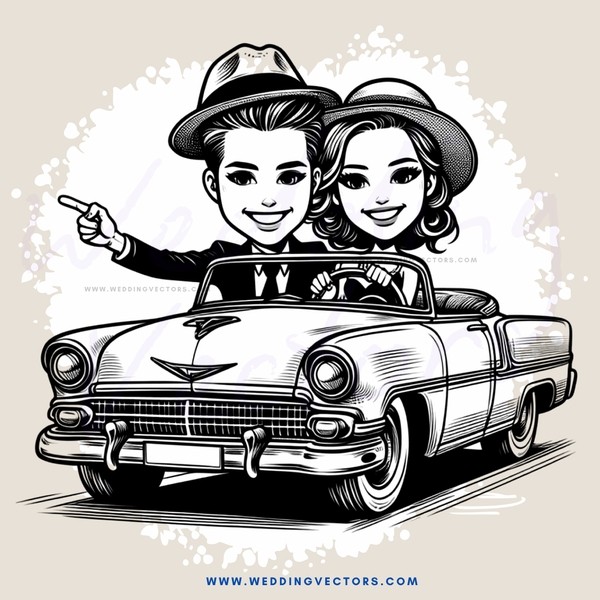 a couple in an old car pointing to something