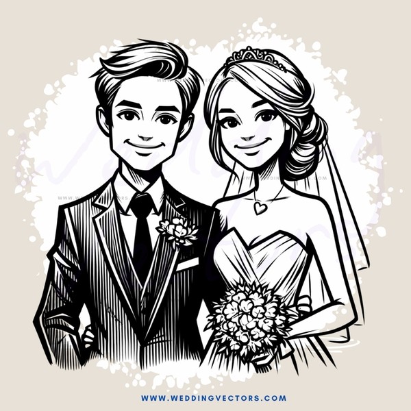 a black and white cartoon of a bride & groom