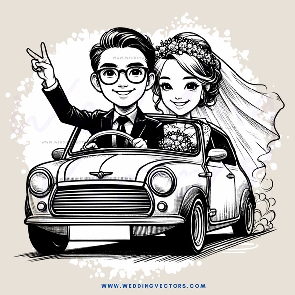 bride and groom in car