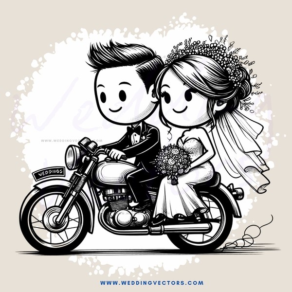 a bride and groom on a motorcycle