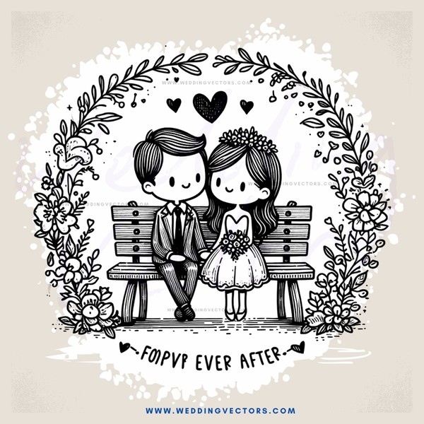 wedding anniversary clip art - romantic couple on bench surrounded by flowers and leaves