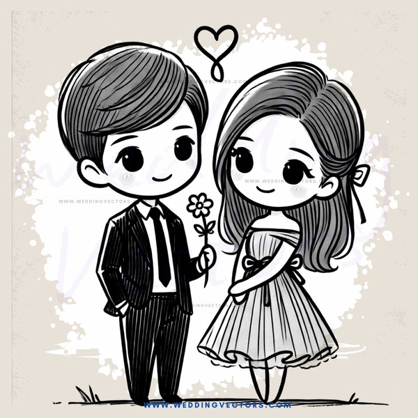 cartoon boy and girl holding flowers