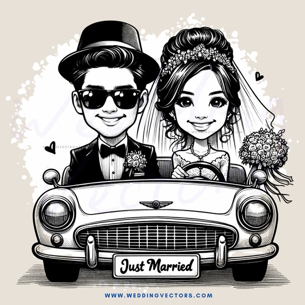 just married couple in car