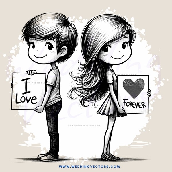 two cartoon characters holding up signs that say "i love forever"