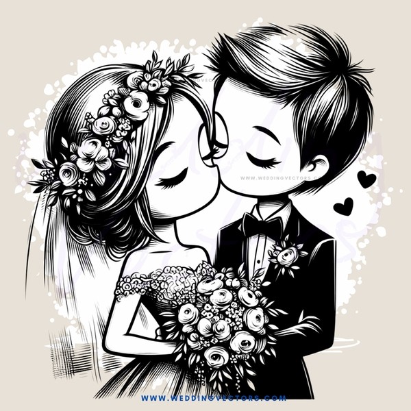 wedding bride and groom kissing cartoon