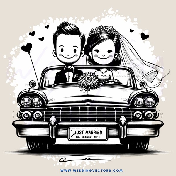 just married caricature picture with wedding couple and bride's veil