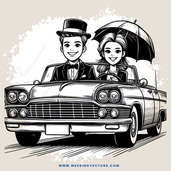 a man and woman in a vintage car smiling