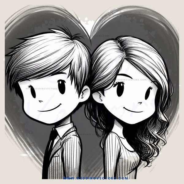 cartoon boy and girl with hearts for faces
