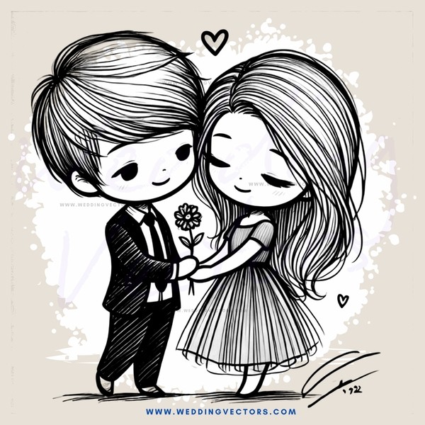 a boy and girl in black and white holding hands and flowers