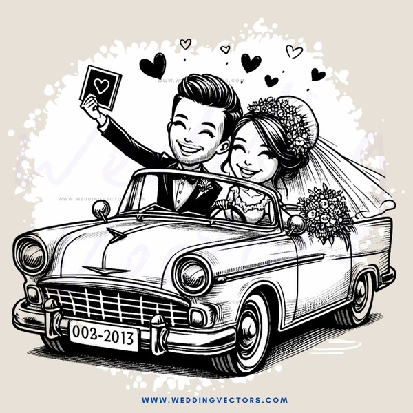 a bride and groom on a car
