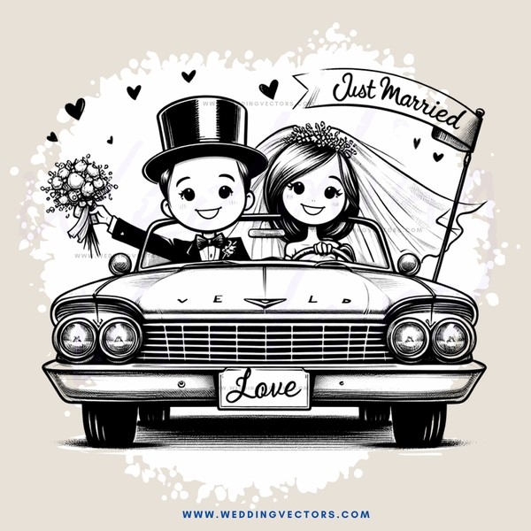 a wedding photo with vintage car