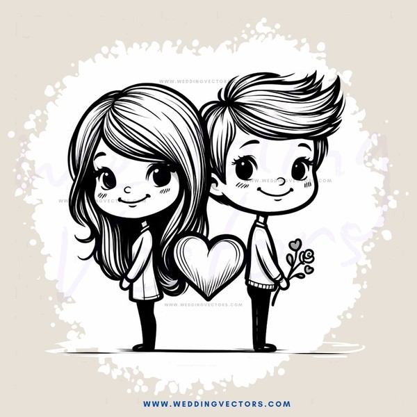 two people standing together with hearts and flowers