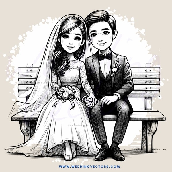 a bride and groom sitting on bench