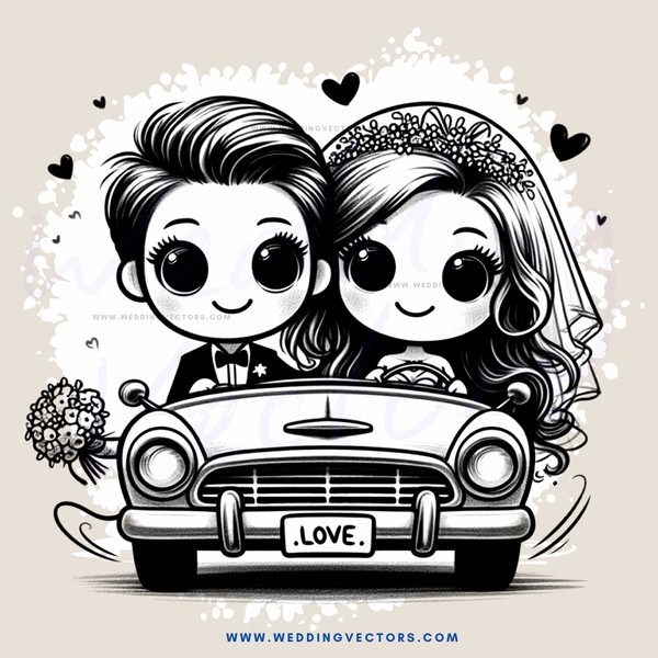 two people in a car, one bride and groom