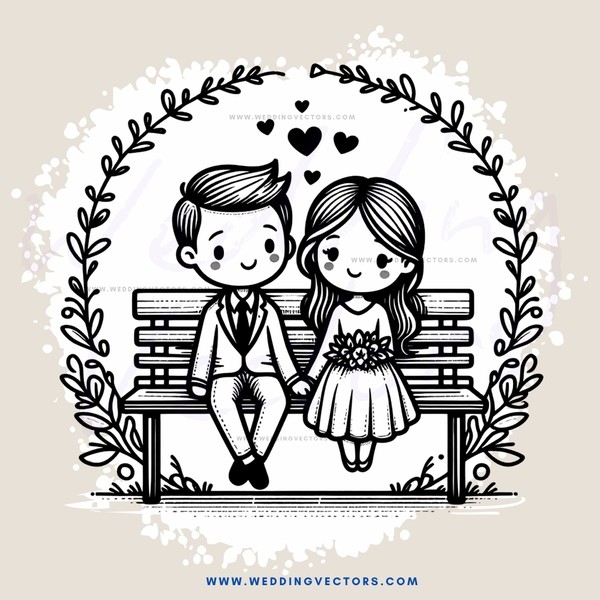 a couple sitting on a bench with hearts around them