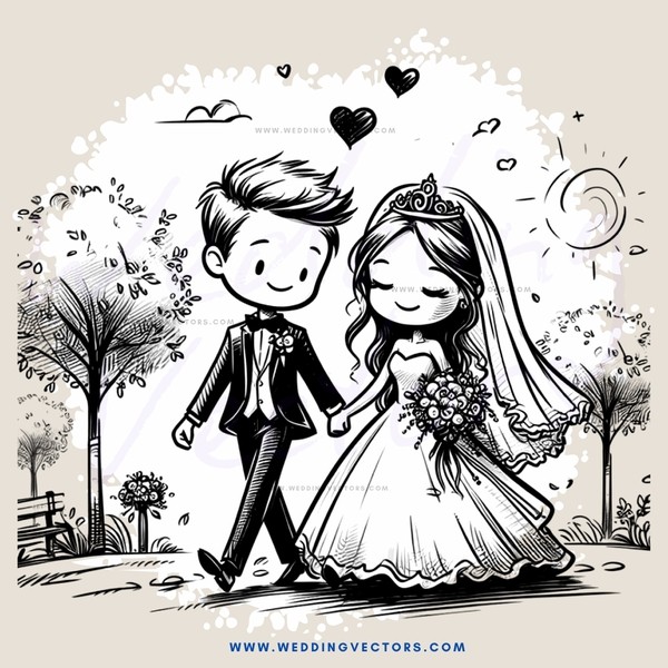 a wedding couple's picture in black and white
