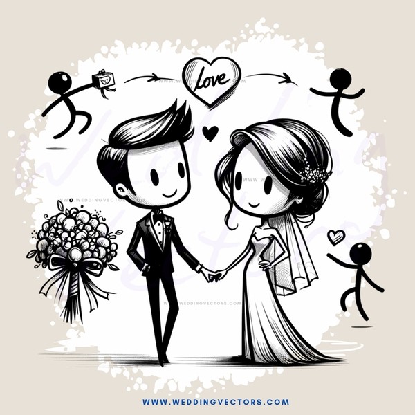 couple holding hands and smiling with flowers and heart in background